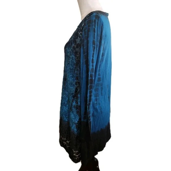 Chicos Zenergy 1 Women Velour Burnout Tunic Top Sz M Teal Long Sleeve Goth Boho - Picture 2 of 10